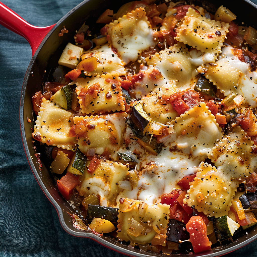 Un gratin de raviolis et ratatouille, savoureux et convivial.