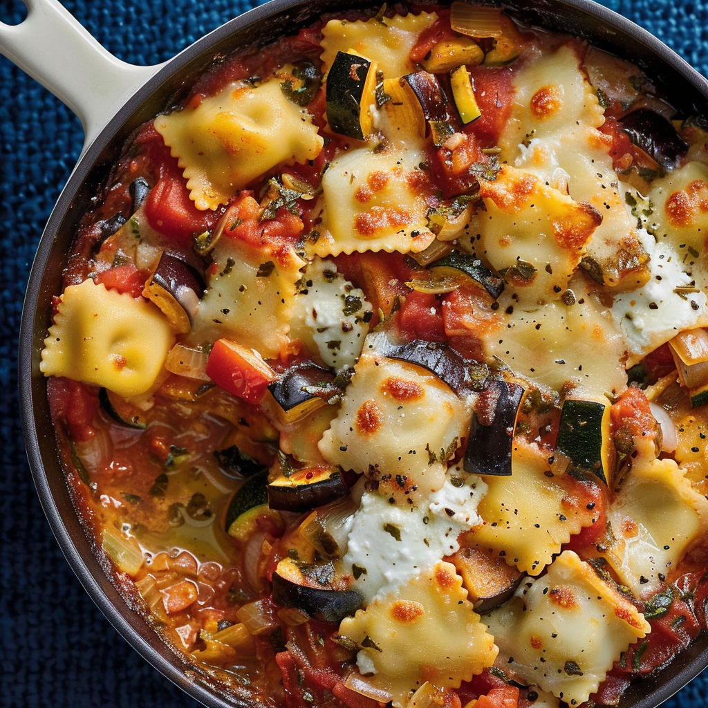 Un plat de macaronis et courgettes, bien coloré avec des légumes et des pâtes.