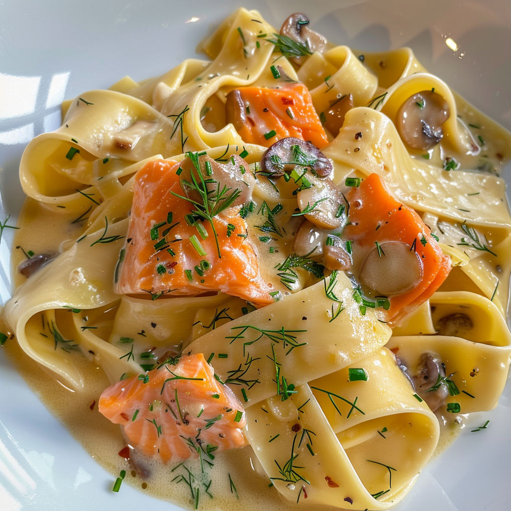 Pappardelles avec saumon et shiitakes, garnies d’herbes fraîches et champignons.