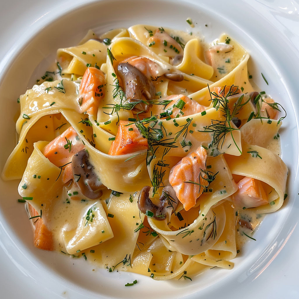 Un plat de spaghetti à la sauce tomate avec champignons et herbes.