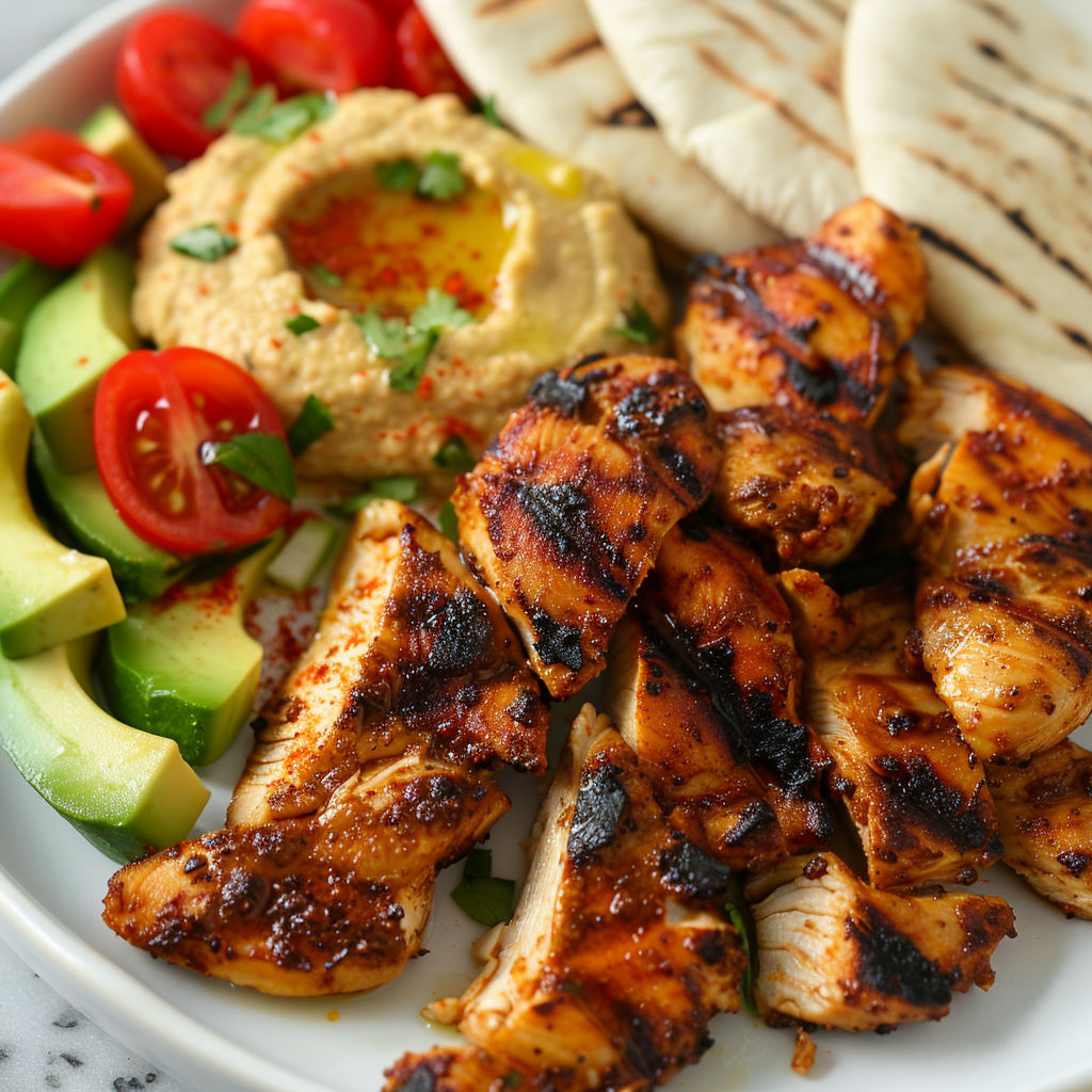 Des morceaux de poulet grillé accompagnés de légumes, guacamole, pita et sauce.