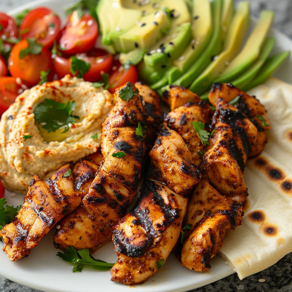 Un plat de poulet grillé tout doré avec plein de légumes, nappé de sauce relevée.