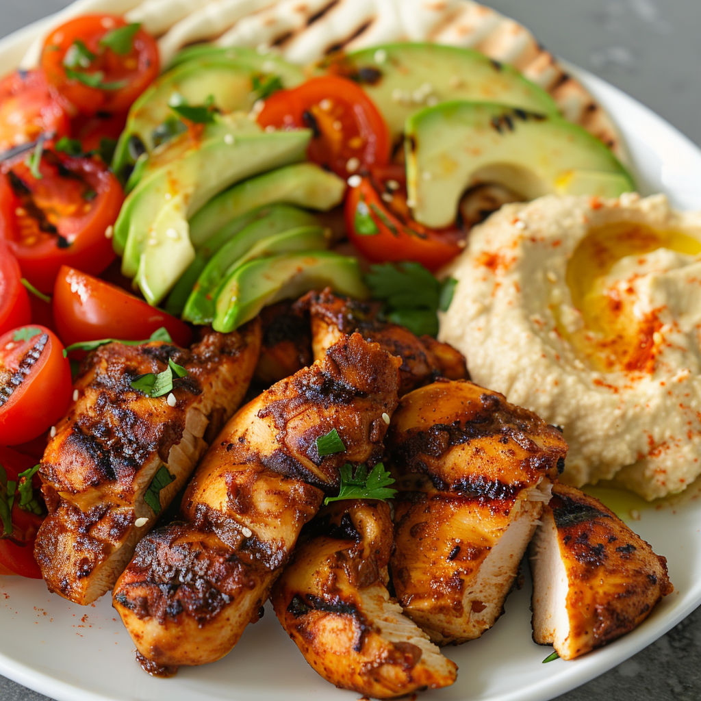 Poulet mariné au citron et épices avec une bonne dose de houmous à côté.