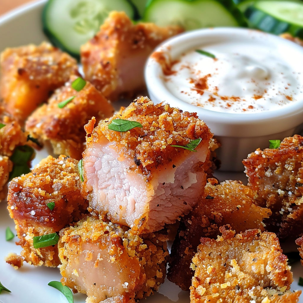 Porc croustillant accompagné de légumes et d'une sauce sur un plateau.