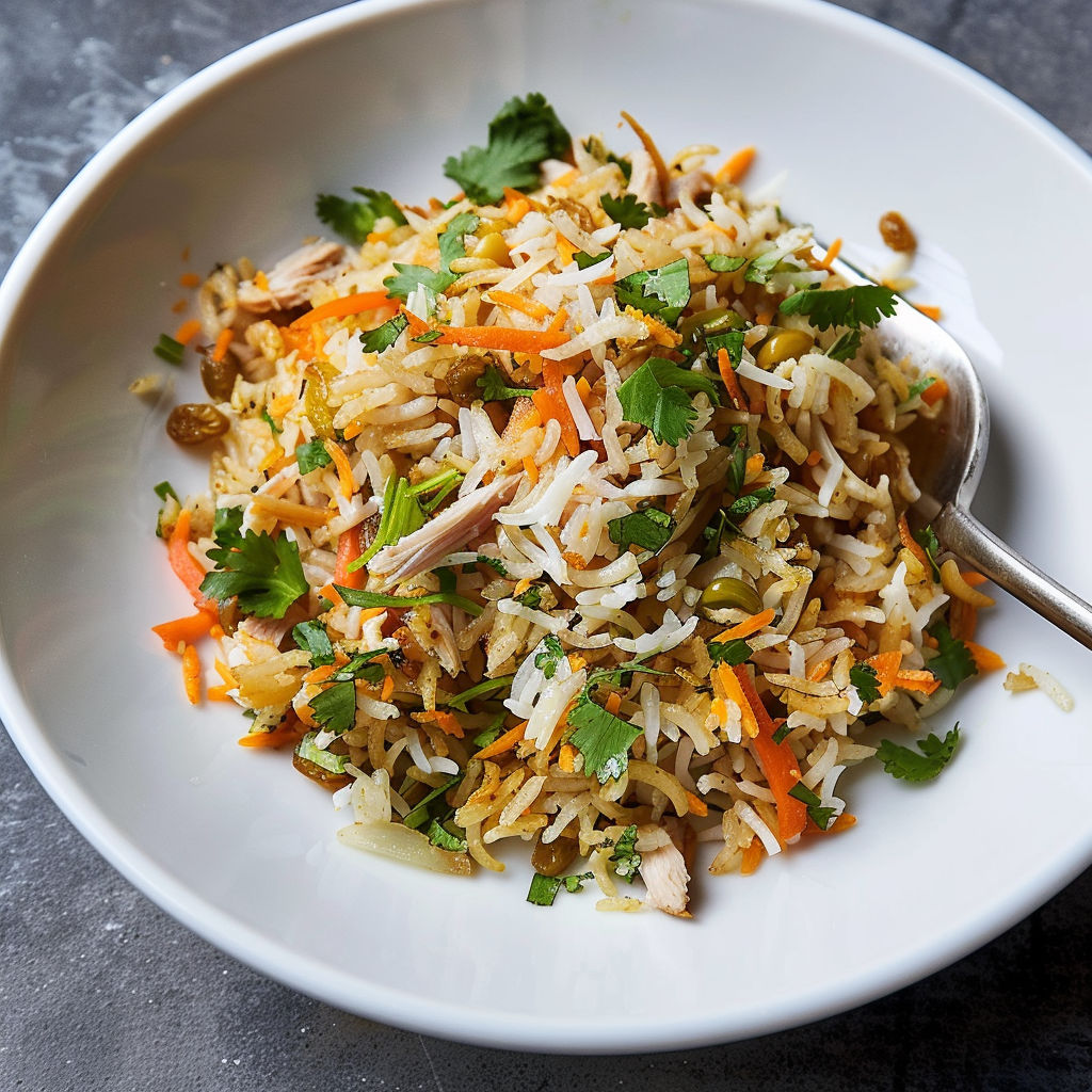 Un plat de riz parfumé avec de la dinde épicée et des légumes colorés, présenté sur une table.