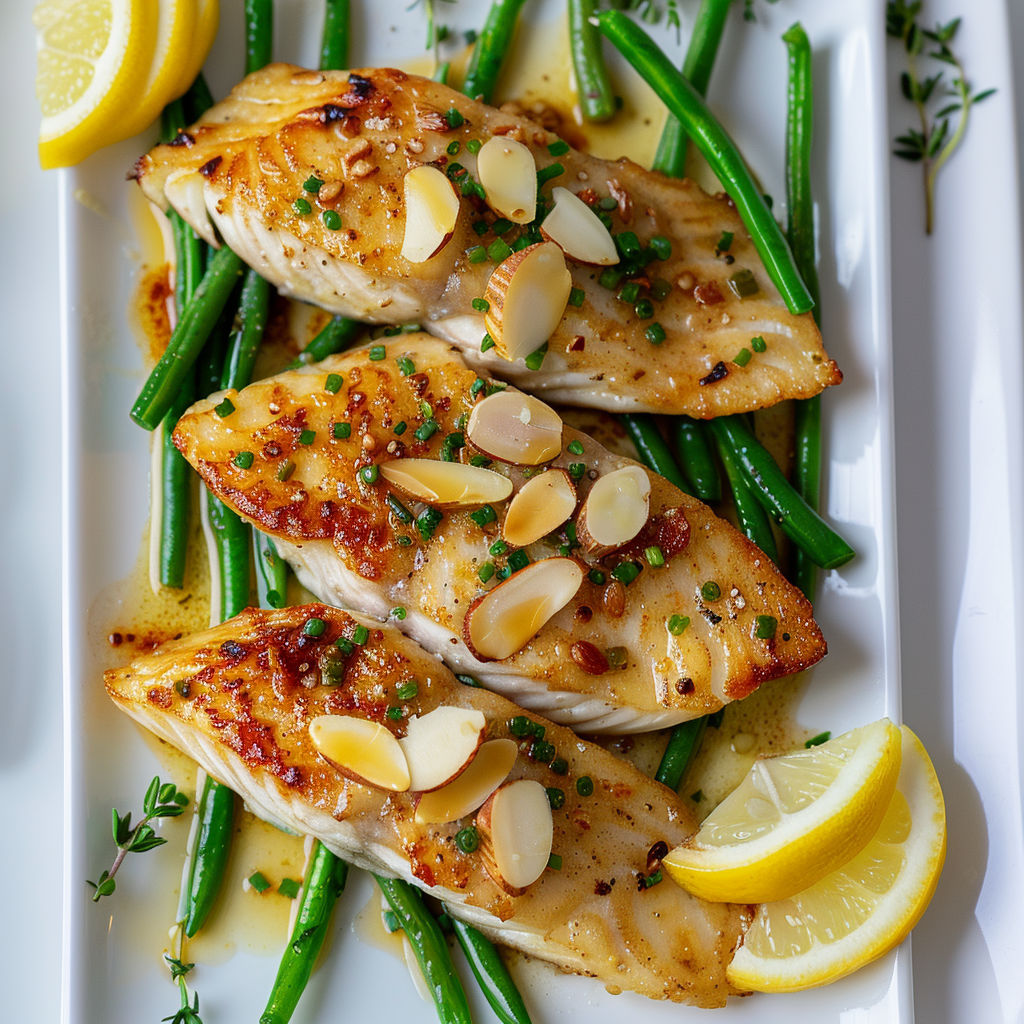 Sole délicieusement cuite avec légumes verts et tranches de citron.