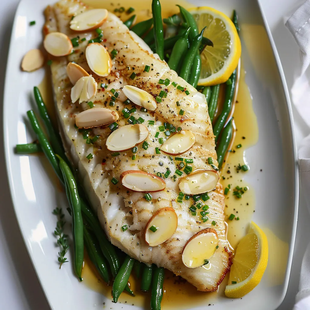 Poisson doré aux amandes et haricots verts avec quartiers de citron.
