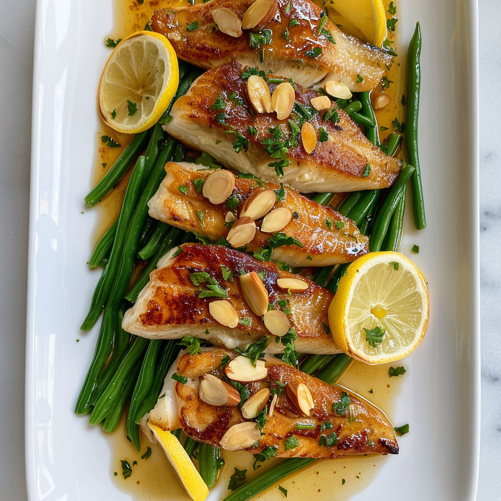 Filets de sole ultra rapides à l’amandine, servis sur un plat avec légumes verts et amandes.