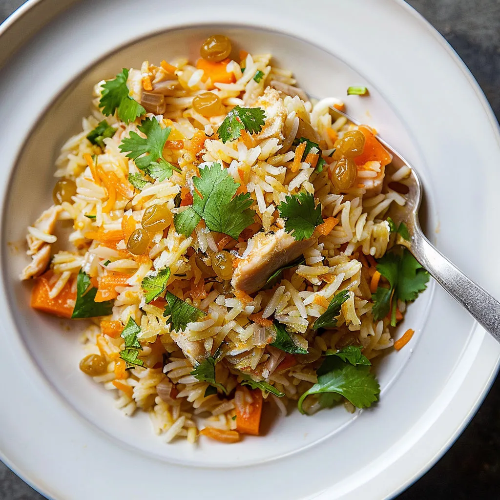 Une assiette de riz aux légumes et aux épices.