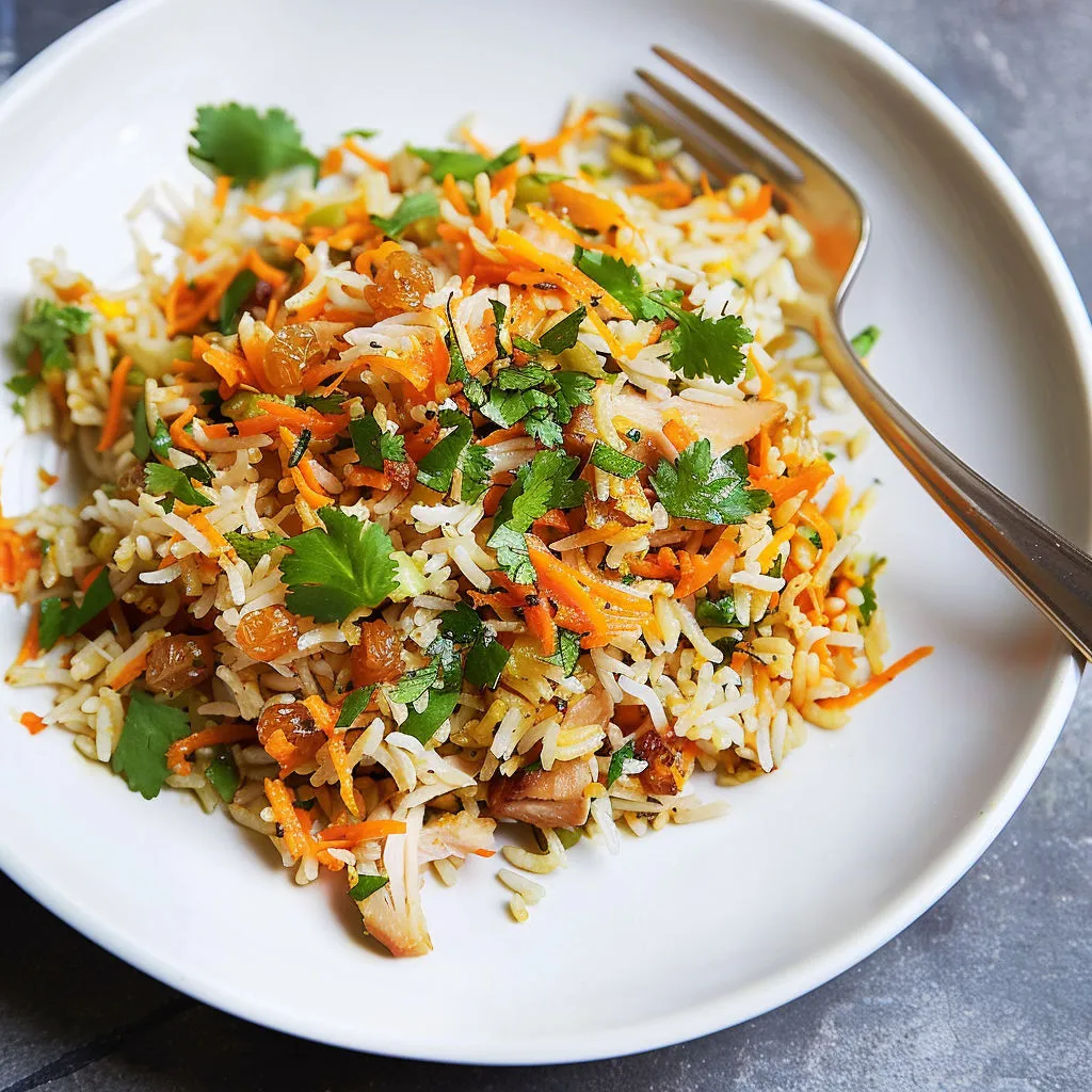 Une salade à base de riz et carottes, avec herbes fraîches et épices sur un plat en porcelaine.