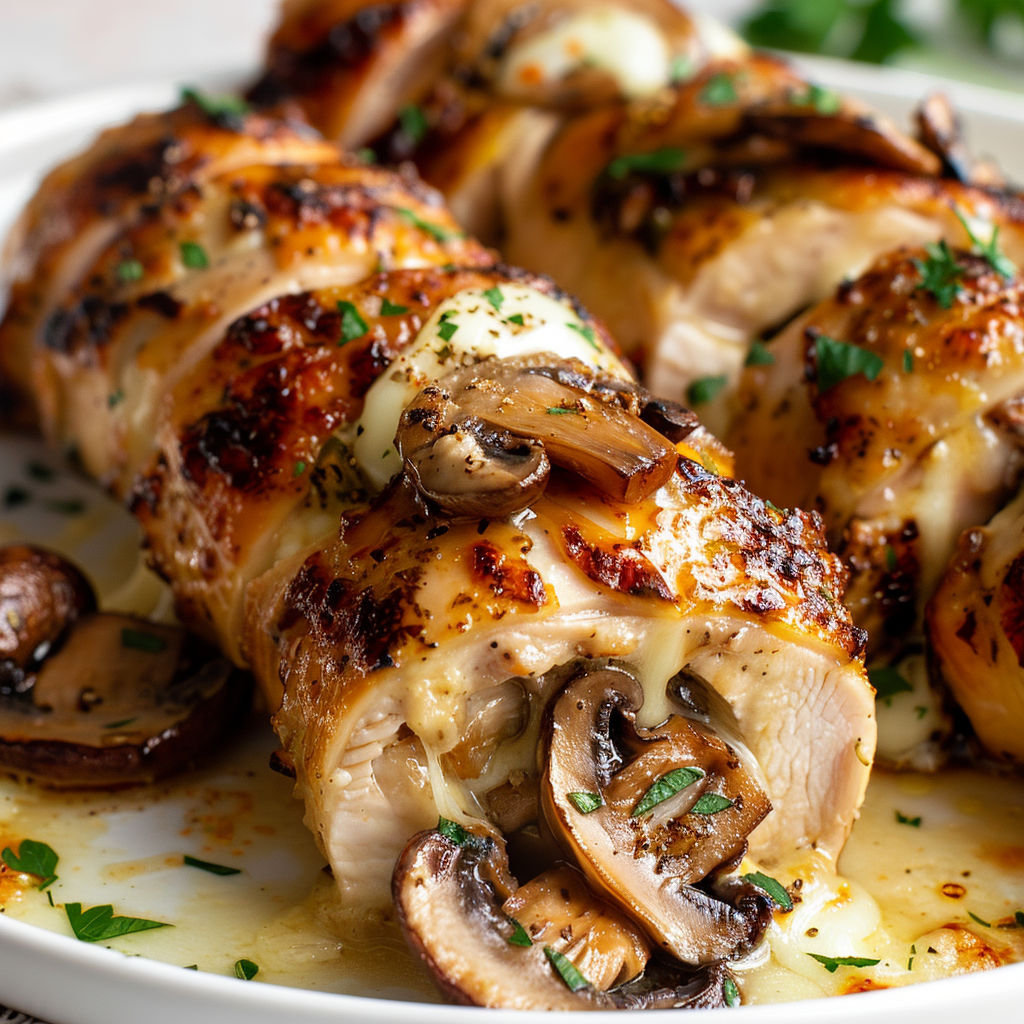 Poulet garni de champignons et fromage fondant, une idée gourmande.