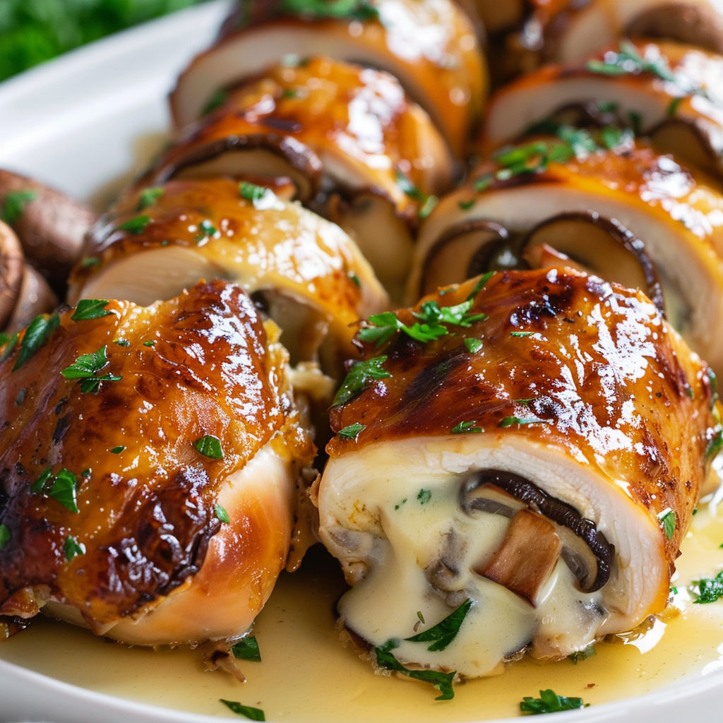 Roulés de poulet aux champignons avec un peu de sauce à côté dans une assiette.