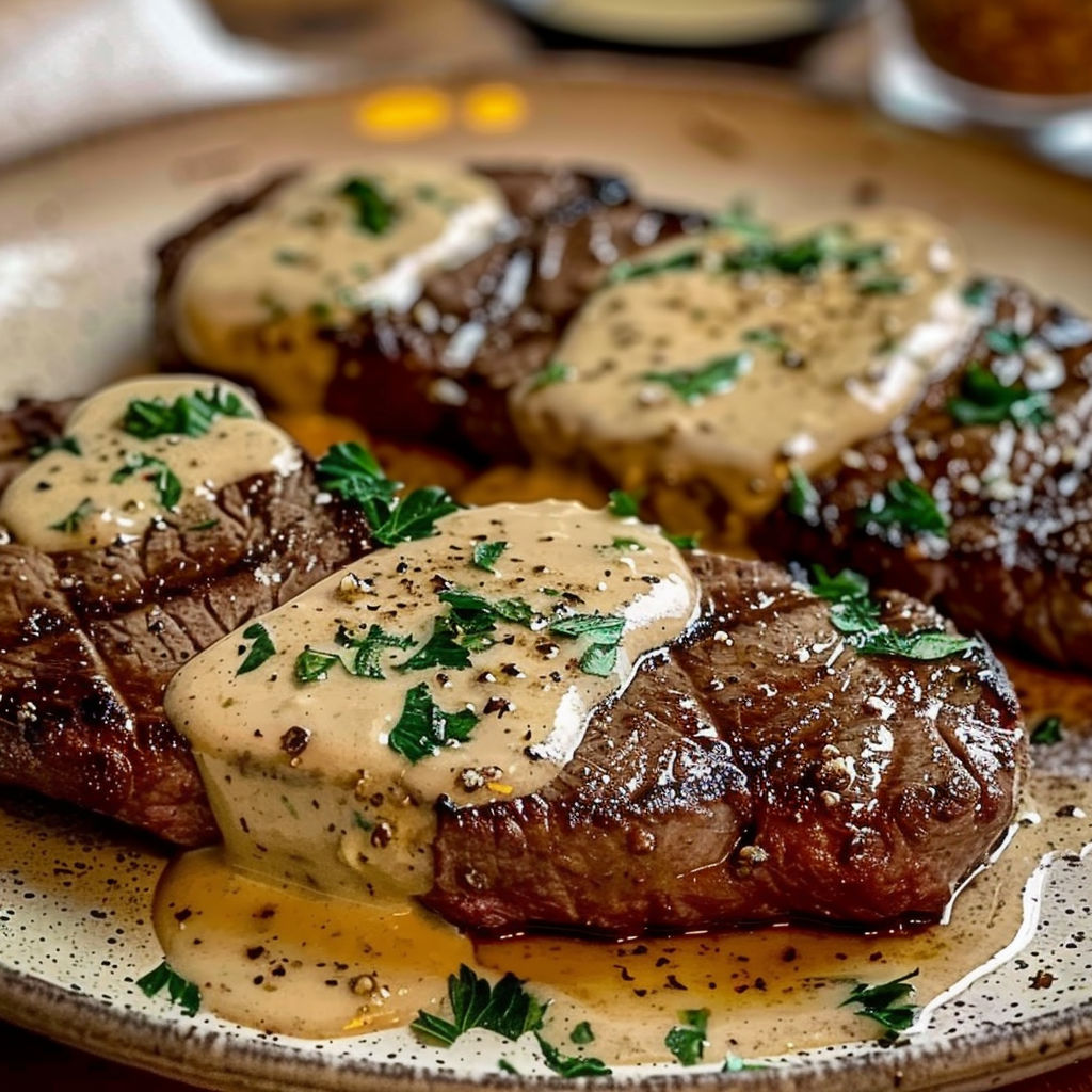 Un steak bien doré servi avec une sauce à l'ail ultra crémeuse.