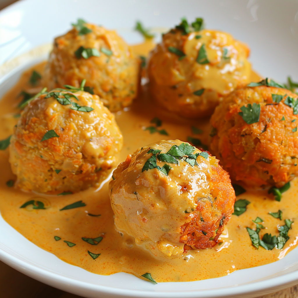 Assiette de boulettes végétariennes arrosées d’une sauce crémeuse.