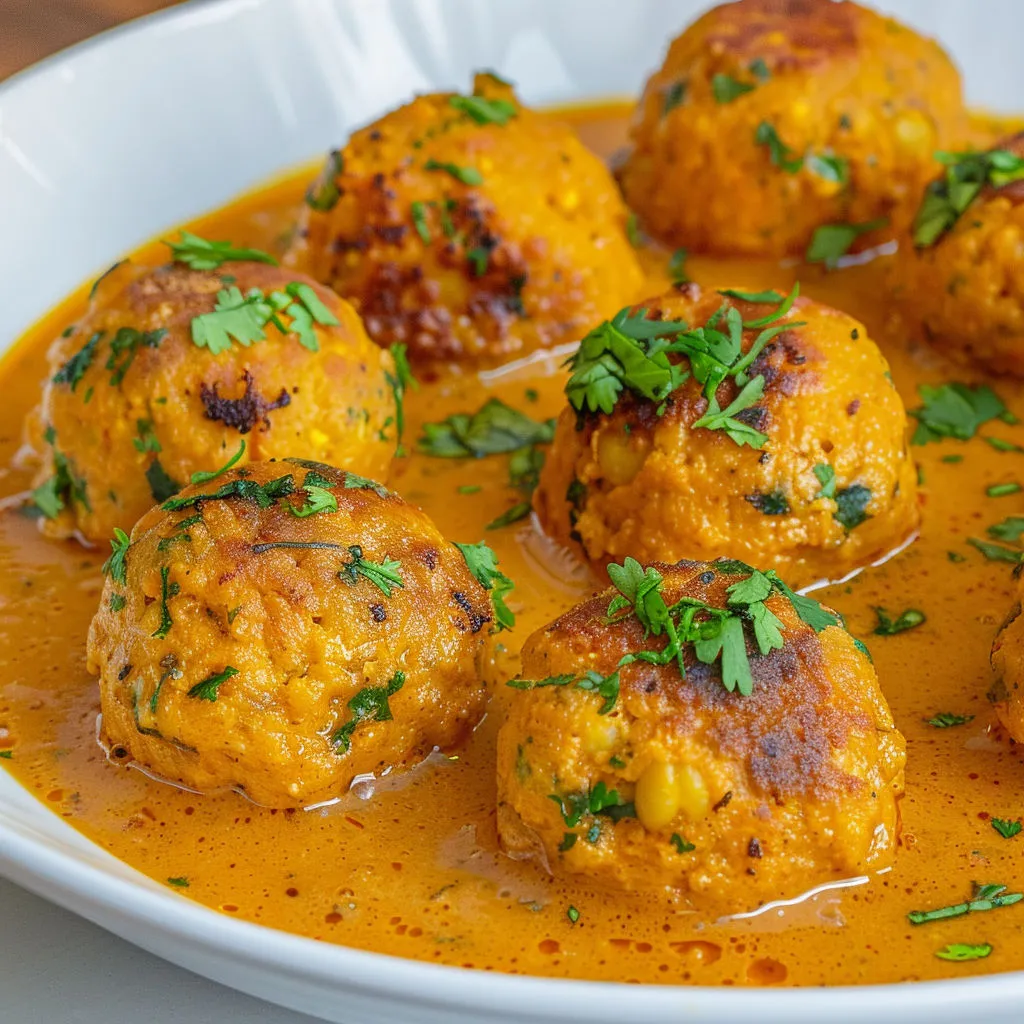 Boulettes végétariennes nappées d’une sauce tomate maison.