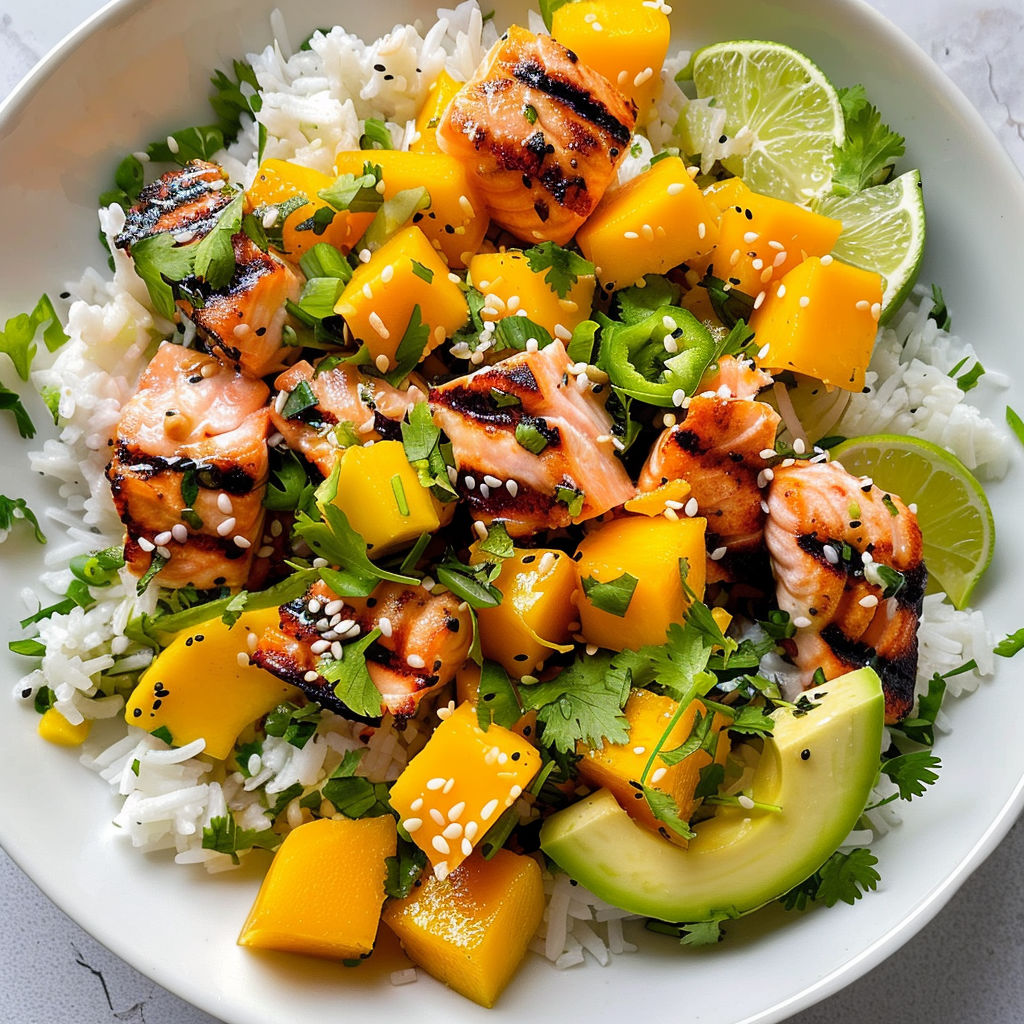 Un mélange savoureux de riz parfumé, mangue et saumon grillé.