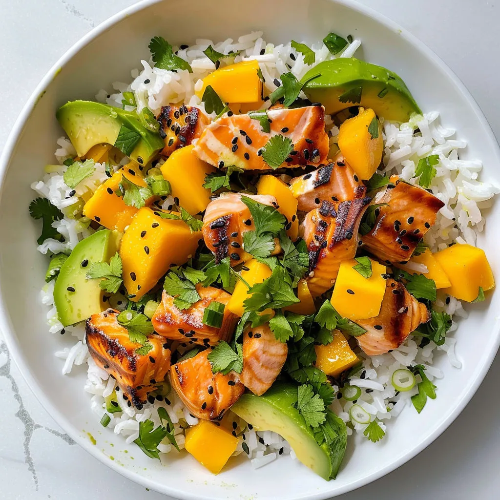 Un bol frais et coloré où le riz basmati côtoie le saumon grillé et la mangue sucrée.