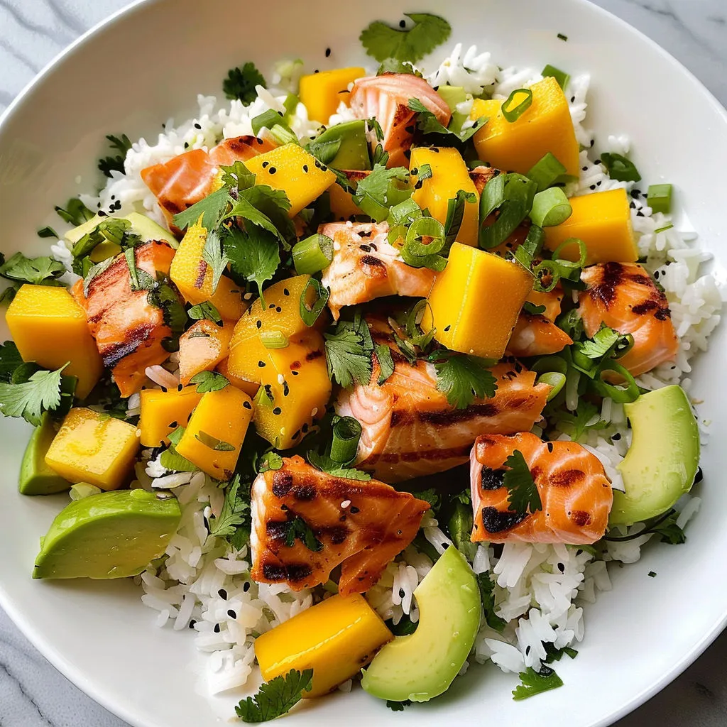 Un mélange exotique et gourmand avec du riz, du saumon doré, de la mangue et du citron vert.