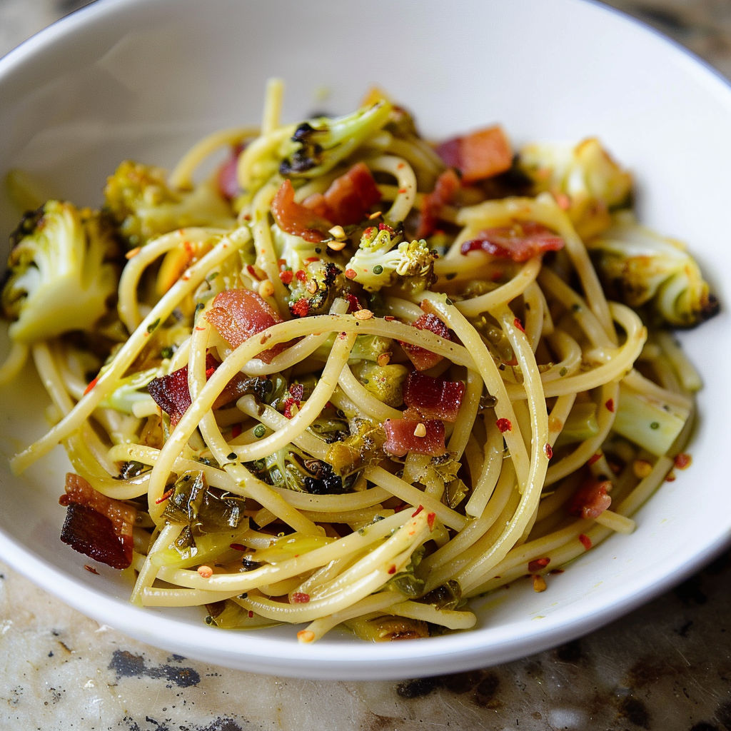 Un plat de pâtes simple et généreux : spaghettis, chou doré, lardons et un peu de piment.