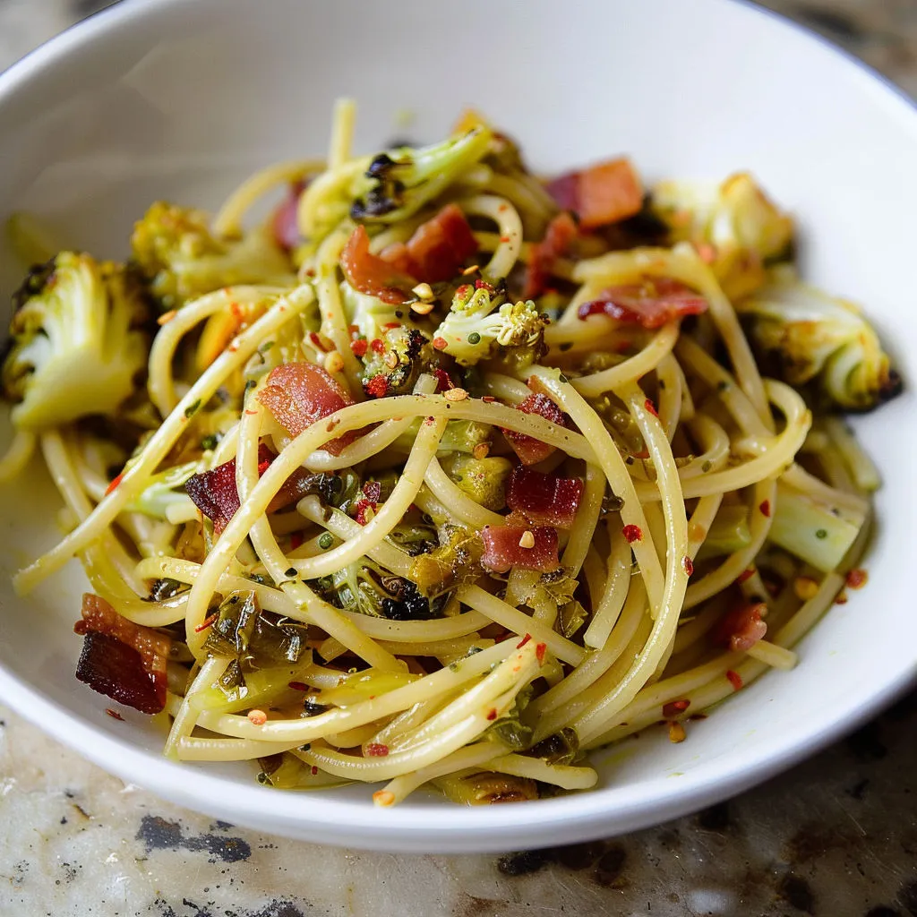 Un plat de pâtes simple et généreux : spaghettis, chou doré, lardons et un peu de piment.