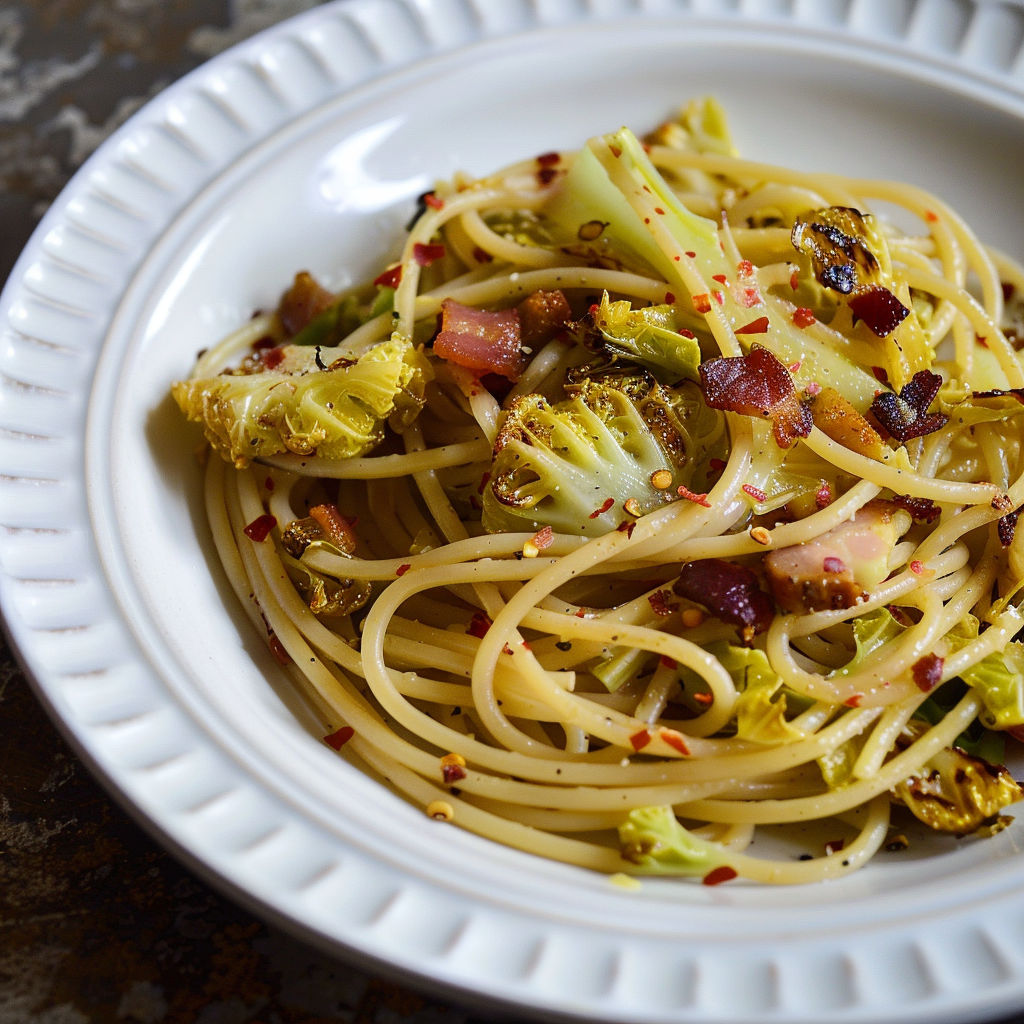 Spaghettis au chou et lardons rôtis : un plat familial plein de goût.