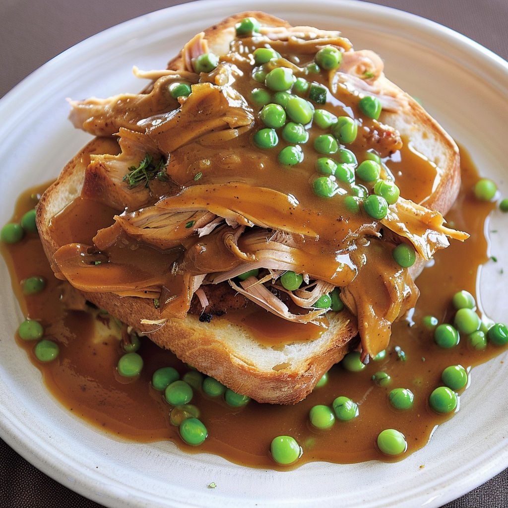 Un hot chicken revisité avec pommes de terre et petits pois, présenté sur un plateau.