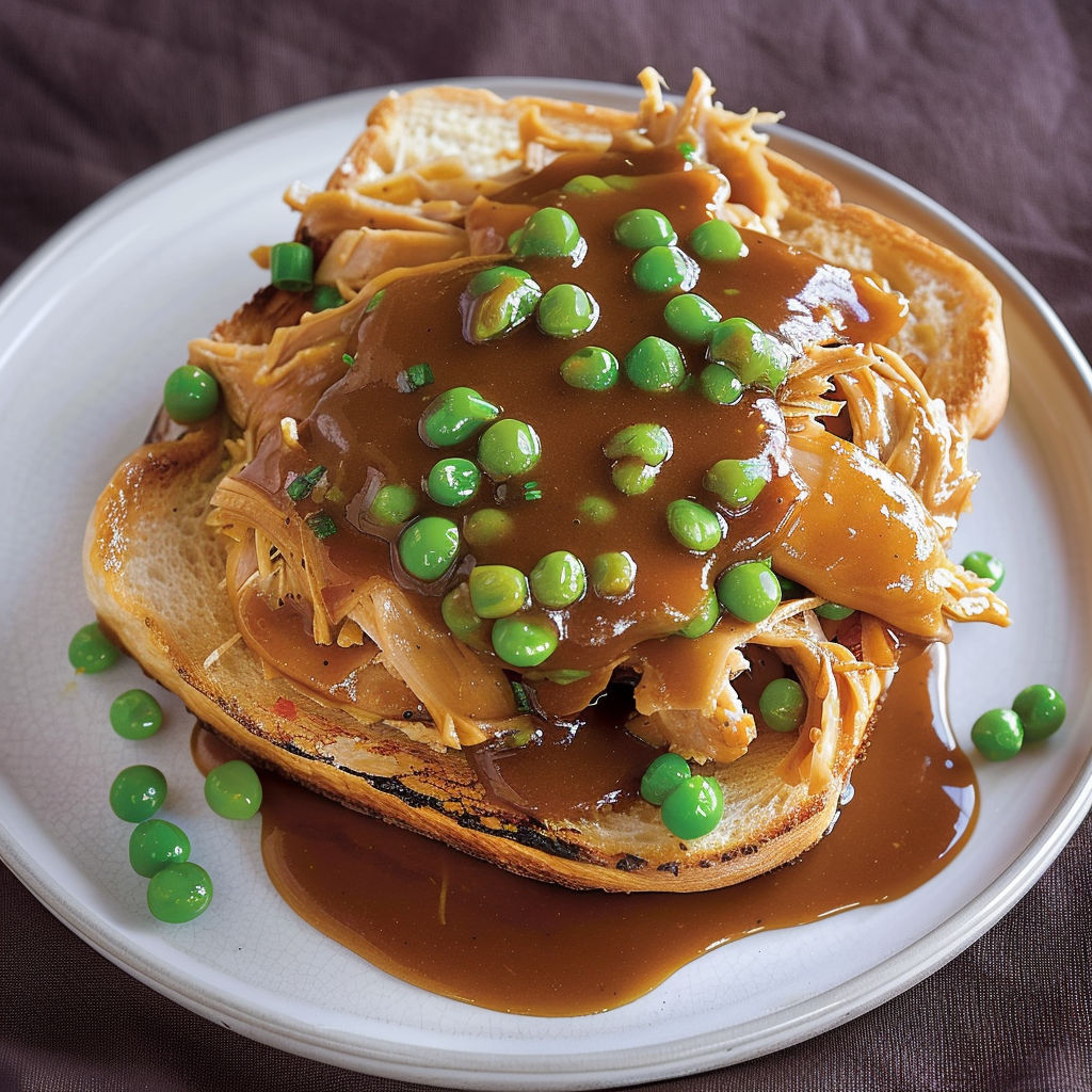 Délice de poulet confit avec sauce veloutée, posé sur pain grillé.