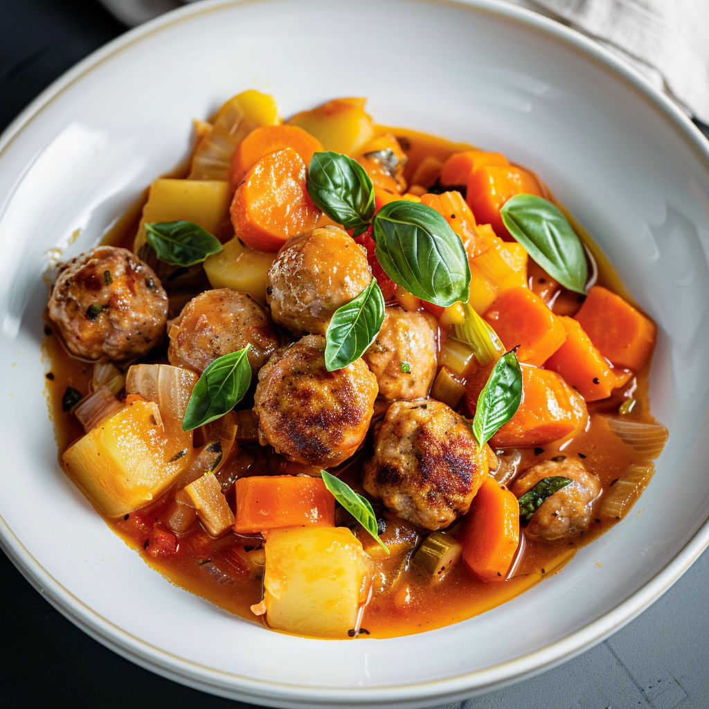 Légumes et boulettes savoureuses avec un peu de verdure pour le visuel.
