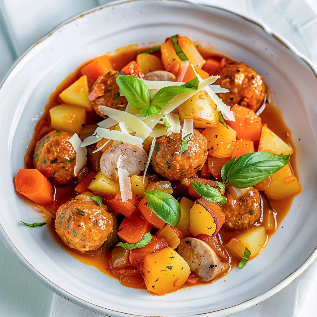 Un plat maison avec boulettes de viande, légumes fondants et herbes fraîches.