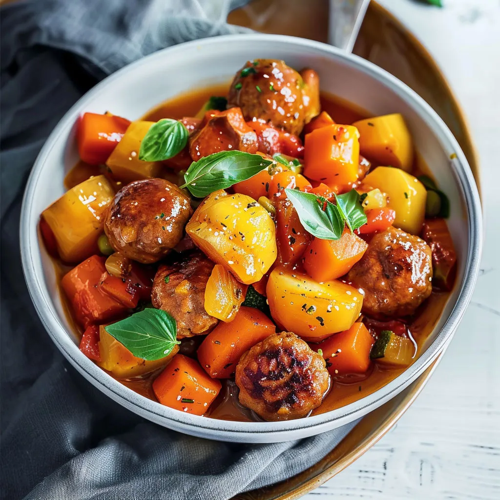 Bol chaleureux avec légumes fondants, boulettes, carottes, oignons et herbes.