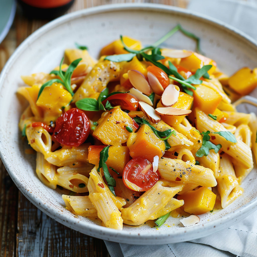 Assiette de pennes complètes avec légumes rôtis, cheddar et une salade croquante à côté.