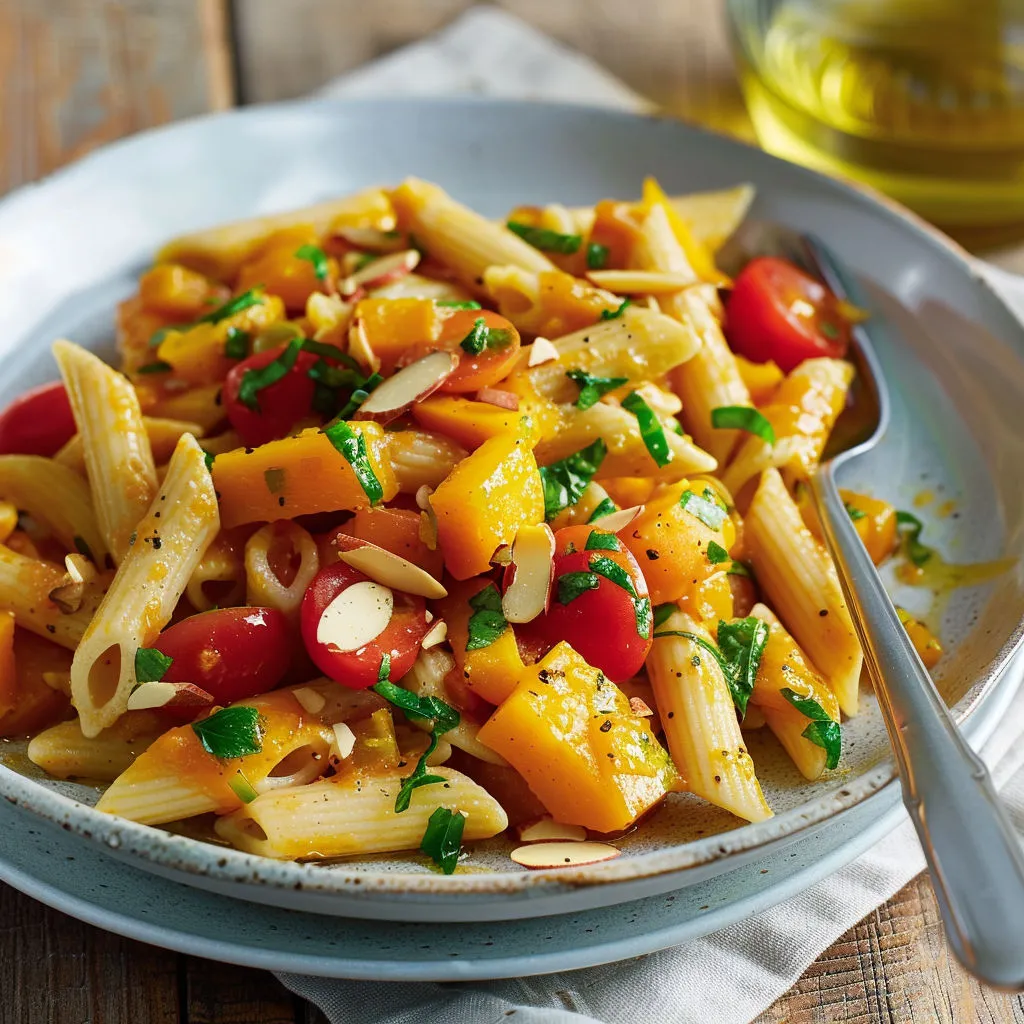 Une assiette de pennes rustiques avec tomates et amandes, et une fourchette posée à côté.