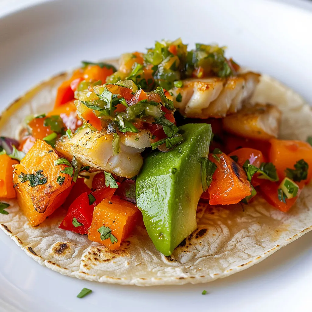 Tortilla garnie de légumes grillés et de poisson.