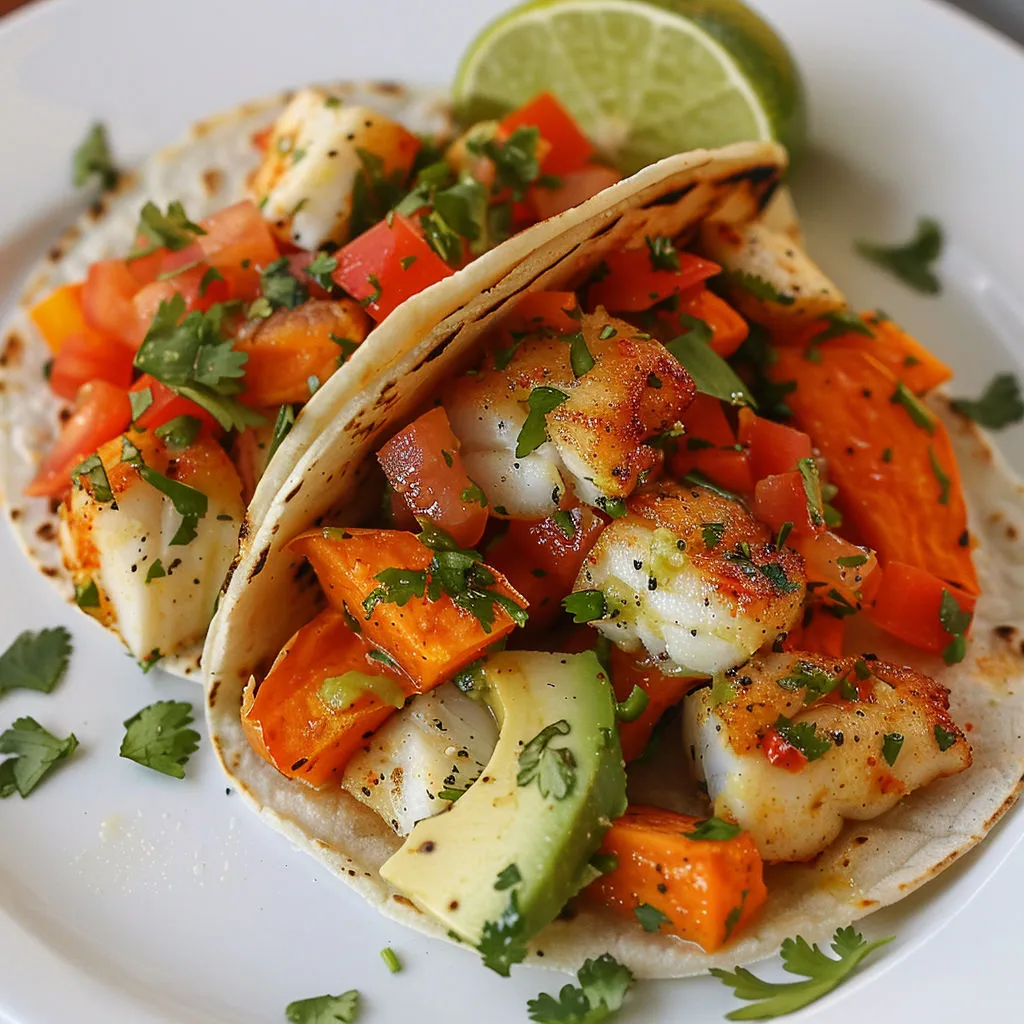 Assiette de tacos mexicains colorés au poisson et légumes.