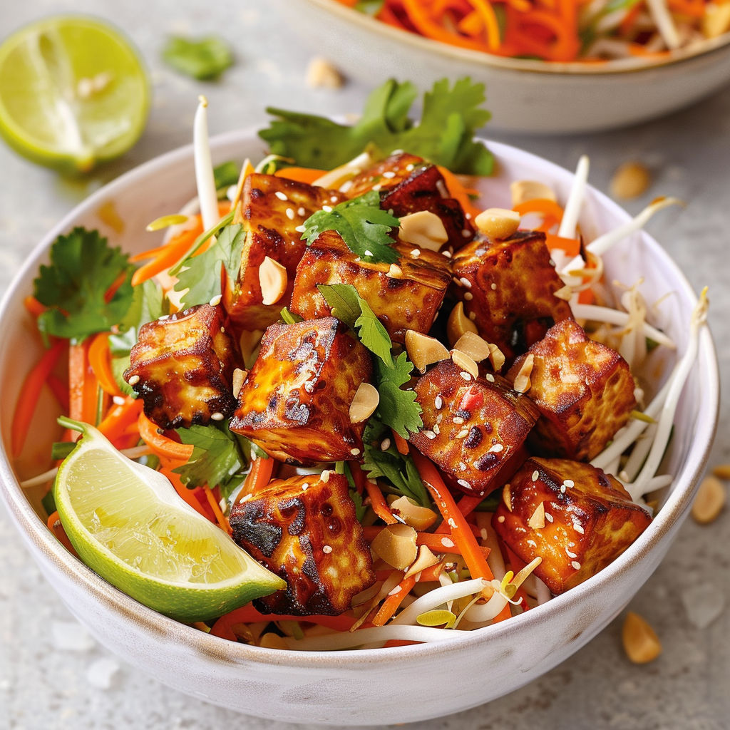 Un plat de tempeh croustillant avec salade aux carottes et lait de coco.