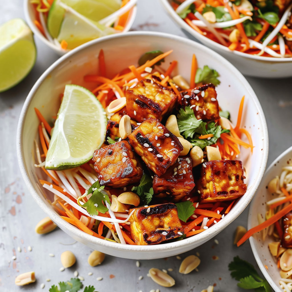 Une salade avec carottes, noix de cajou et cubes dorés de tempeh, parsemée d’herbes fraîches.