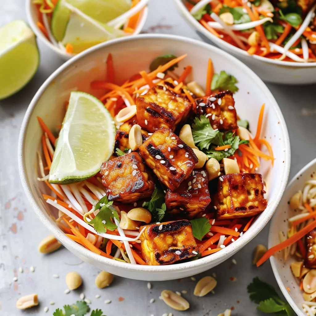 Une salade avec carottes, noix de cajou et cubes dorés de tempeh, parsemée d’herbes fraîches.