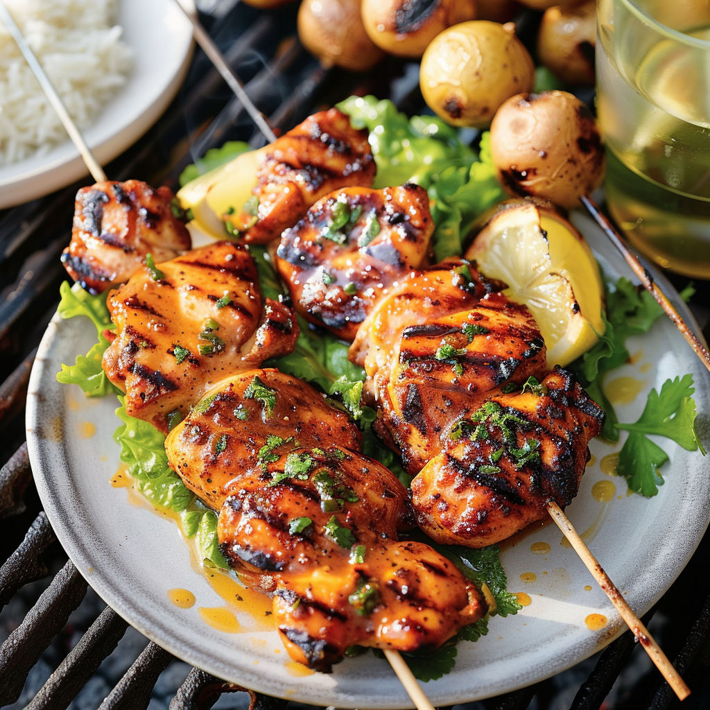 Assiette de brochettes de poulet grillé avec légumes variés.