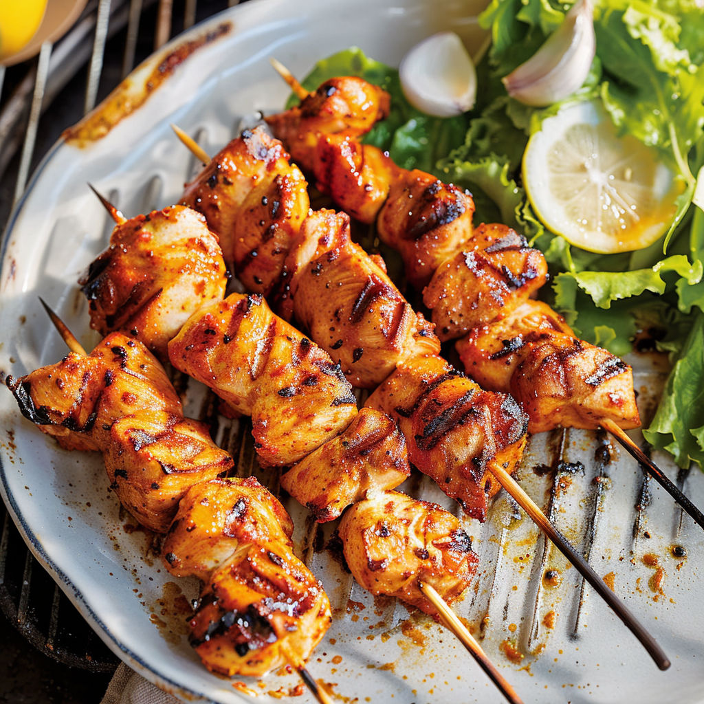 Brochettes de poulet grillé, légumes croquants et quartiers de citron sur le plat.