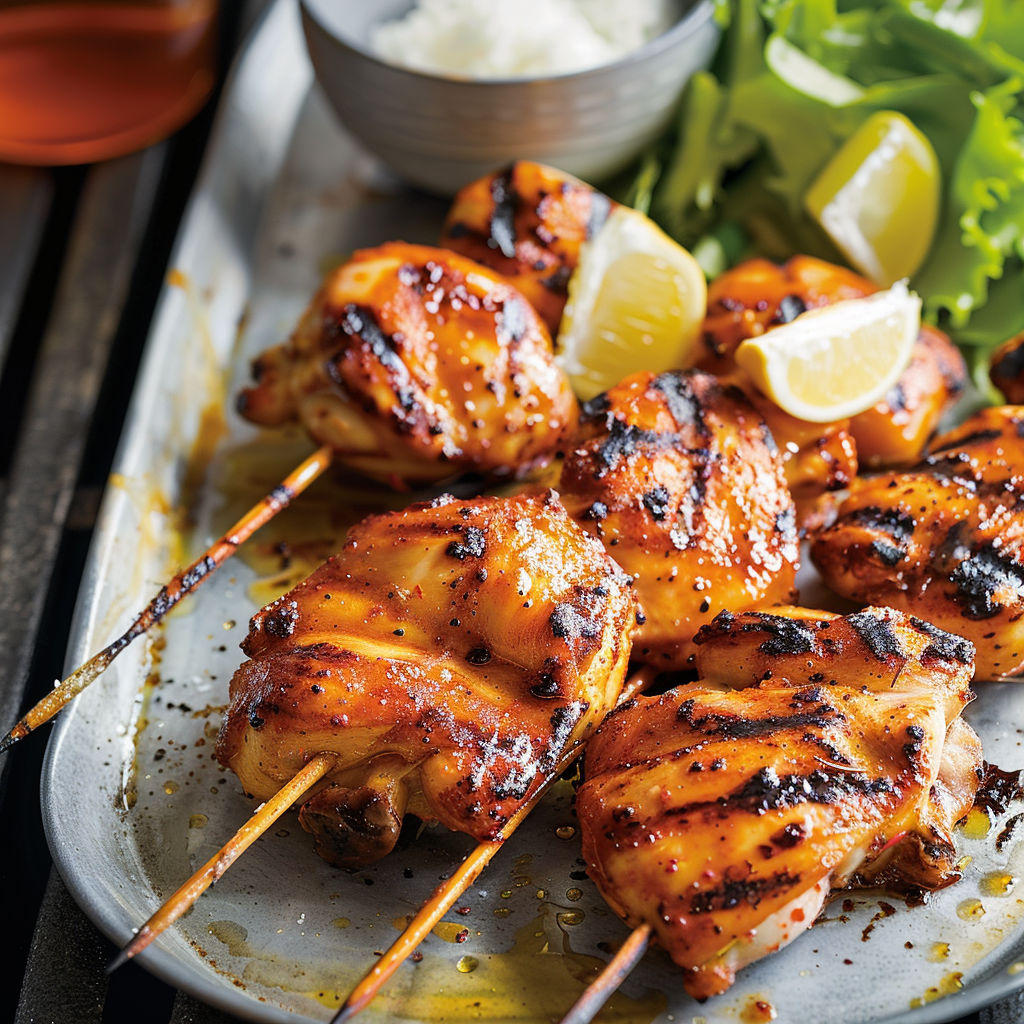 Brochettes de poulet assaisonné avec citron et épices, accompagnées de salade.