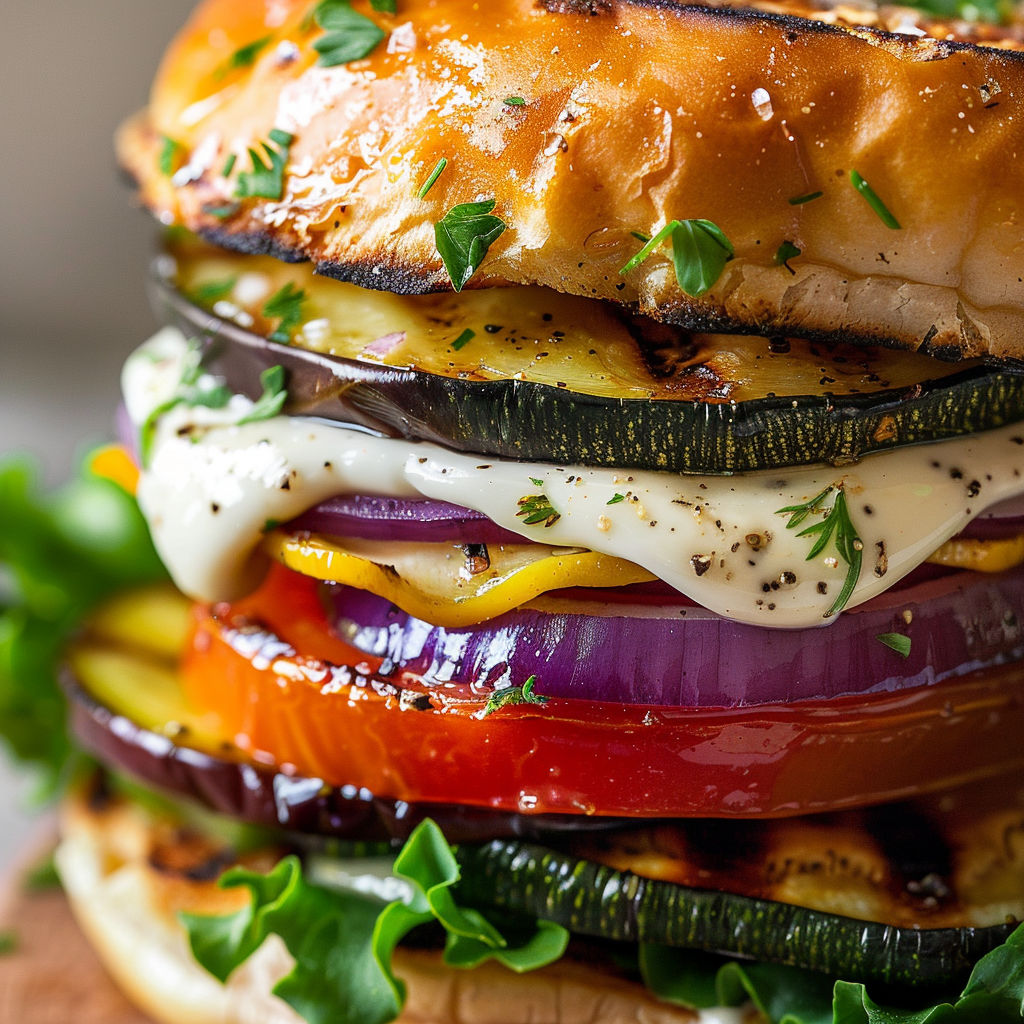 Un sandwich chaud de légumes grillés au fromage fondant et herbes fraîches.