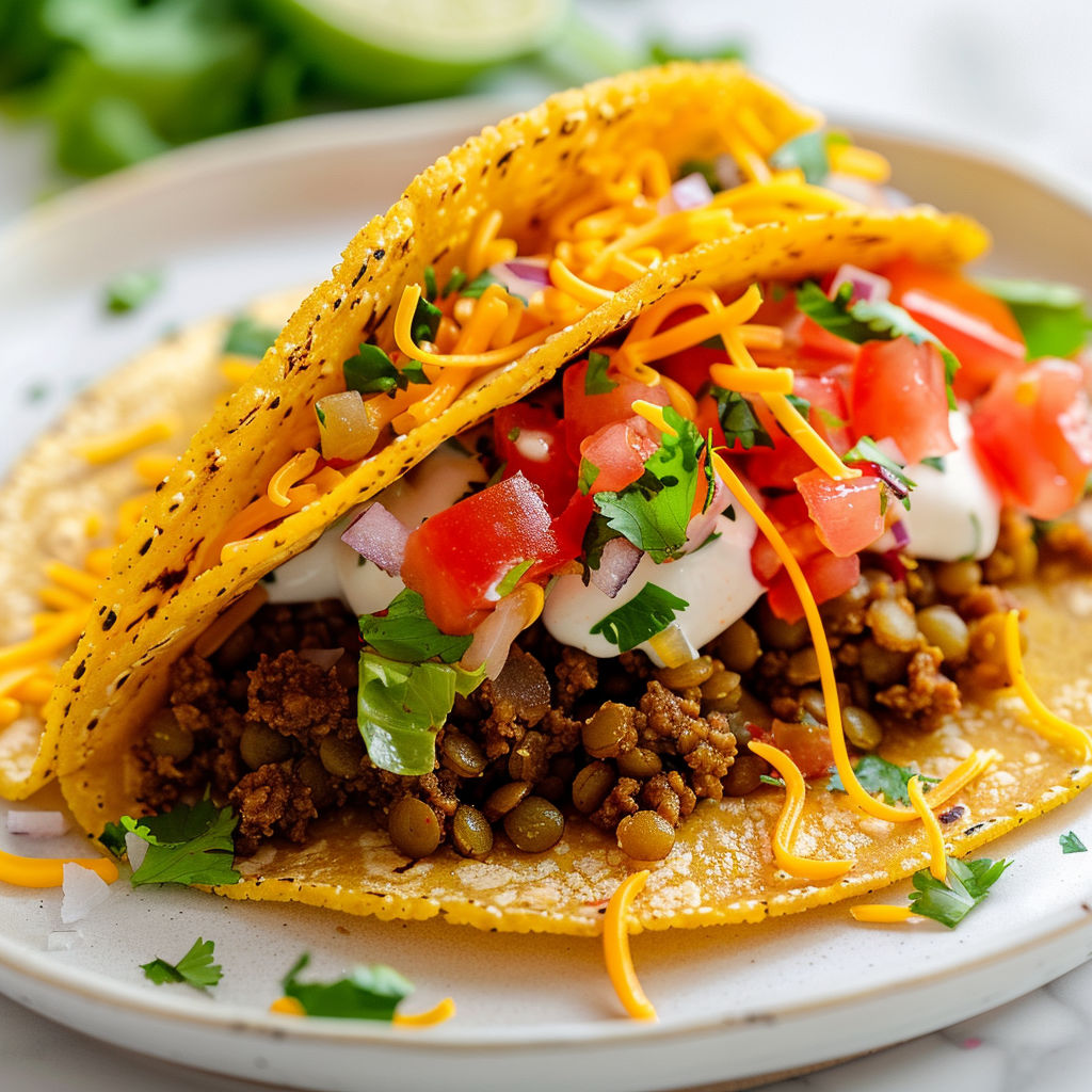Taco avec lentilles, bœuf, tomates et fromage fondant.