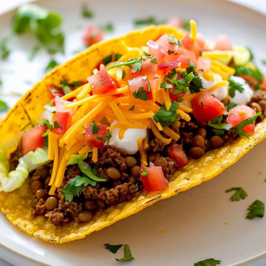 Un taco bien garni bœuf et lentilles épicées, avec tomate et coriandre, prêt à être dégusté.
