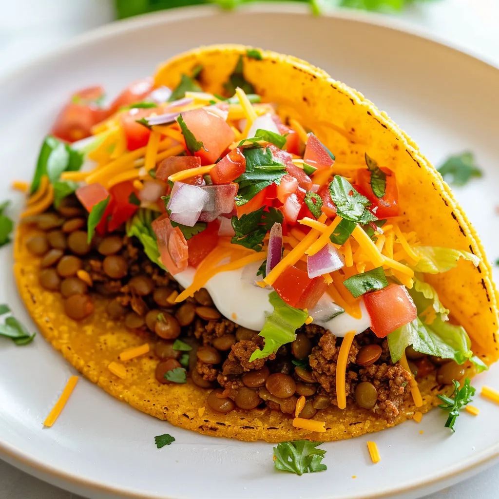 Taco croquant garni de lentilles, bœuf haché et coriandre fraîche.