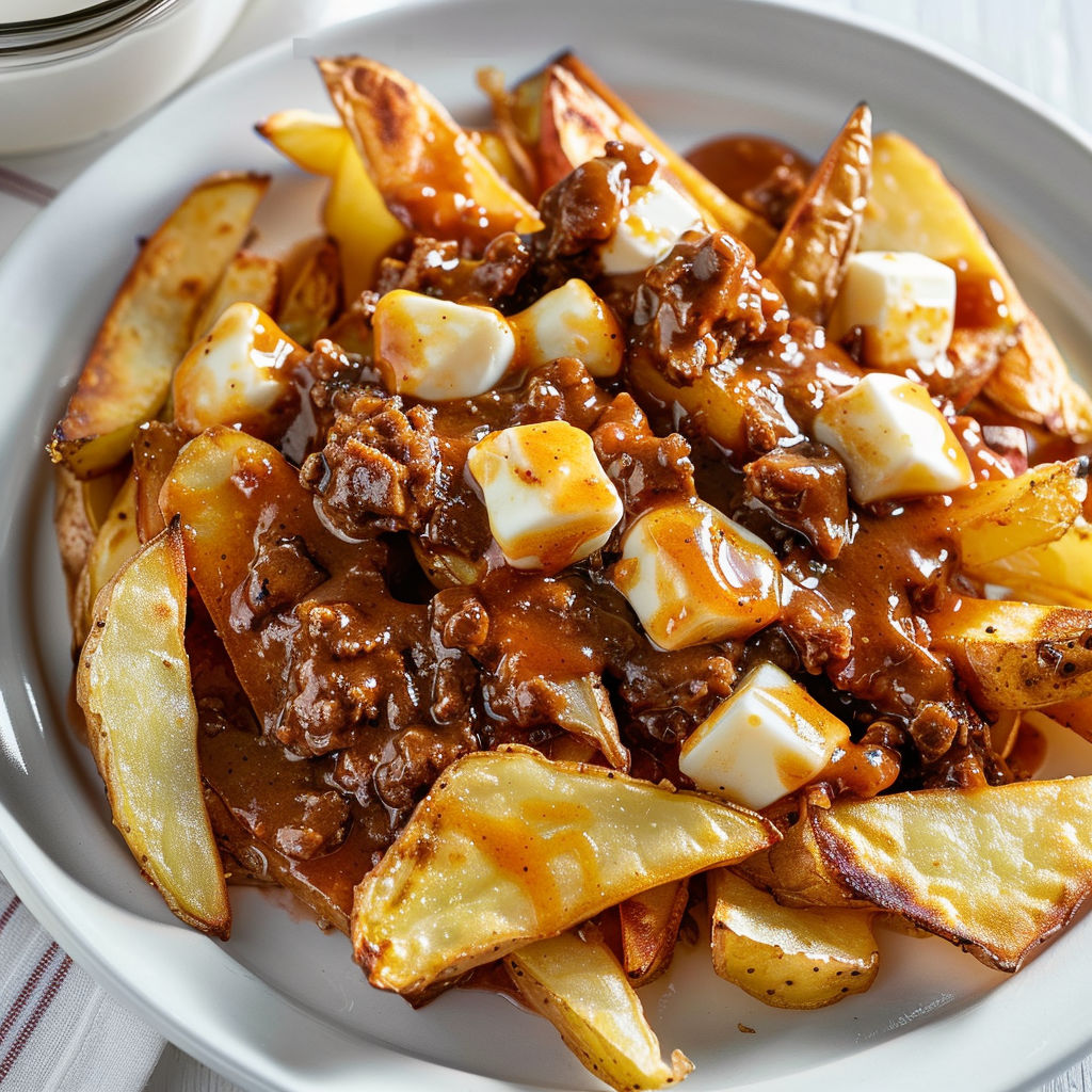 Assiette gourmande composée de poutine au bœuf barbecue avec fromage fondant et frites croustillantes.