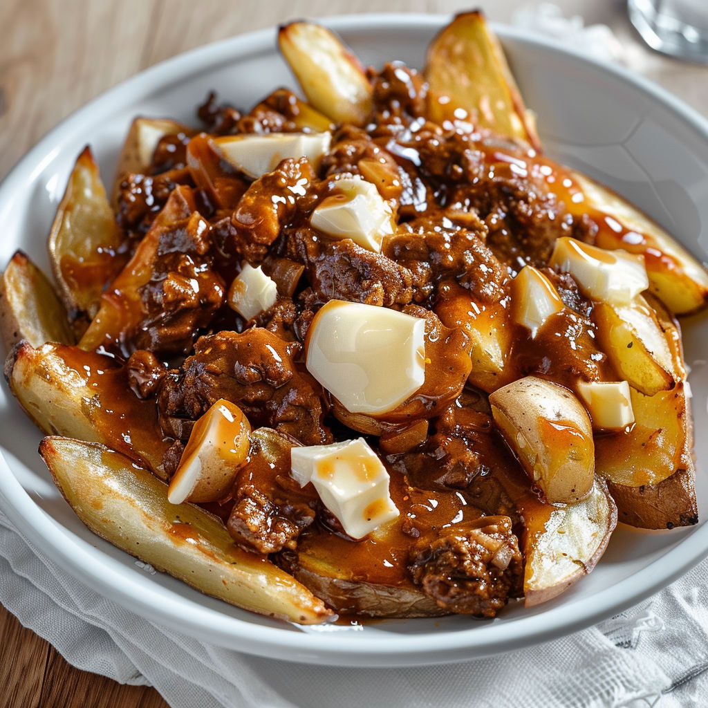Une belle assiette de poutine maison avec bœuf haché et sauce barbecue bien foncée.