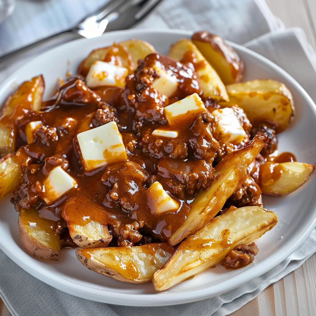 Une grosse portion de poutine au bœuf et fromage fondant bien appétissante.