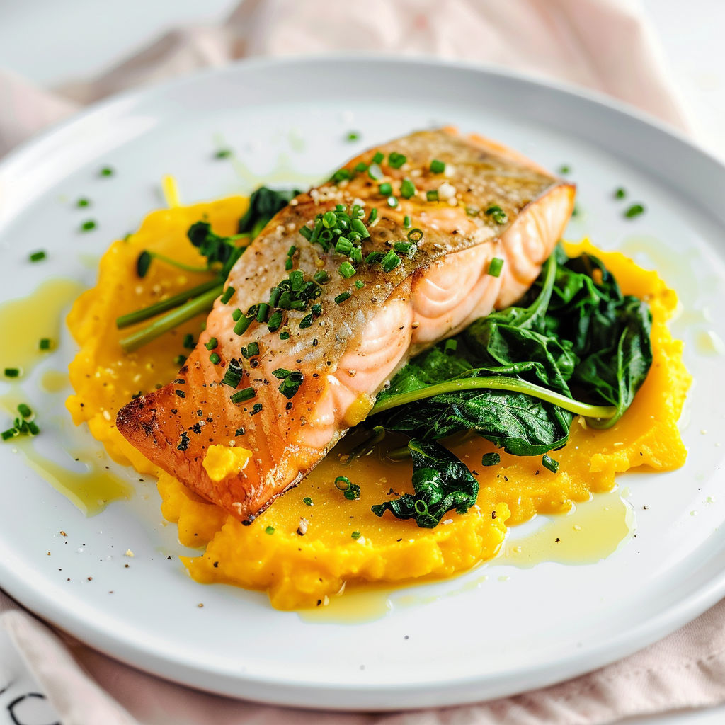 Filet de truite doré, légumes frais et purée de courge crémeuse.