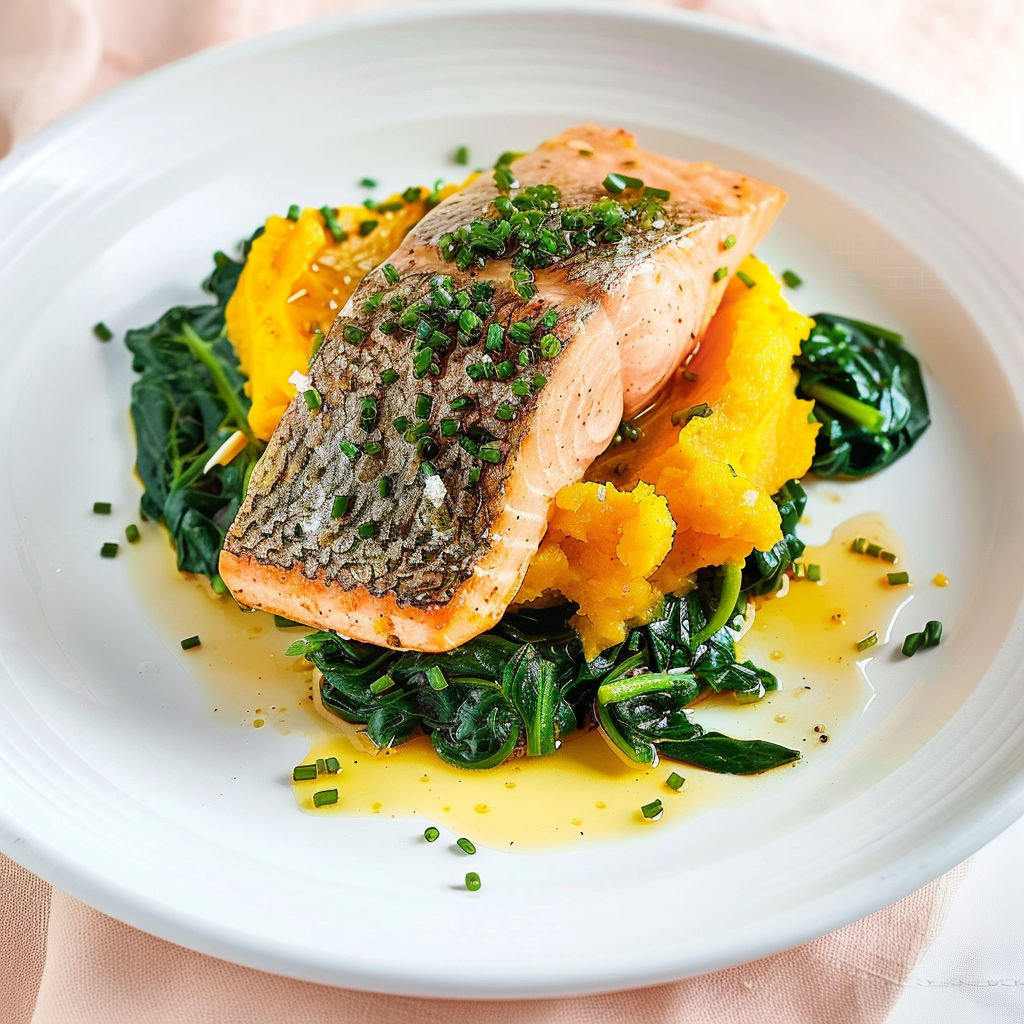 Truite poêlée, épinards, purée de courge bien crémeuse.