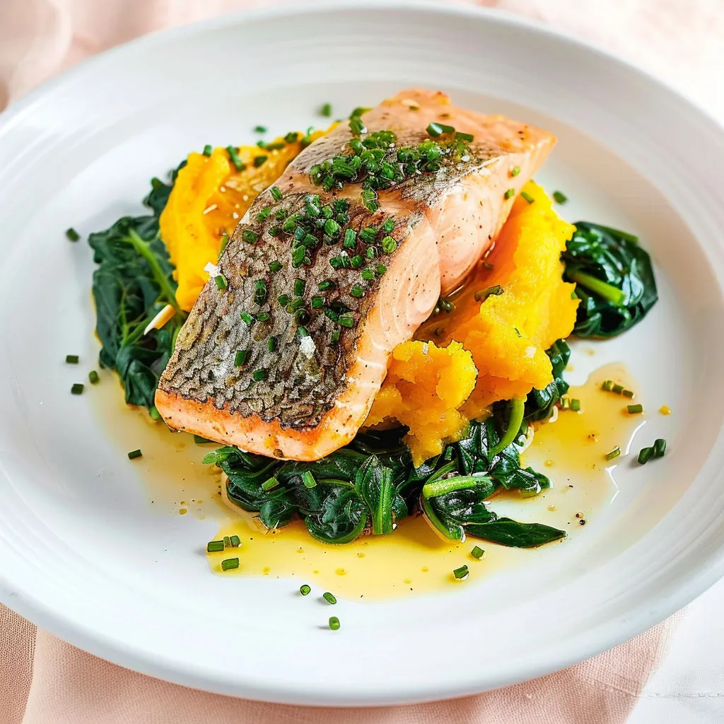Truite poêlée, épinards, purée de courge bien crémeuse.